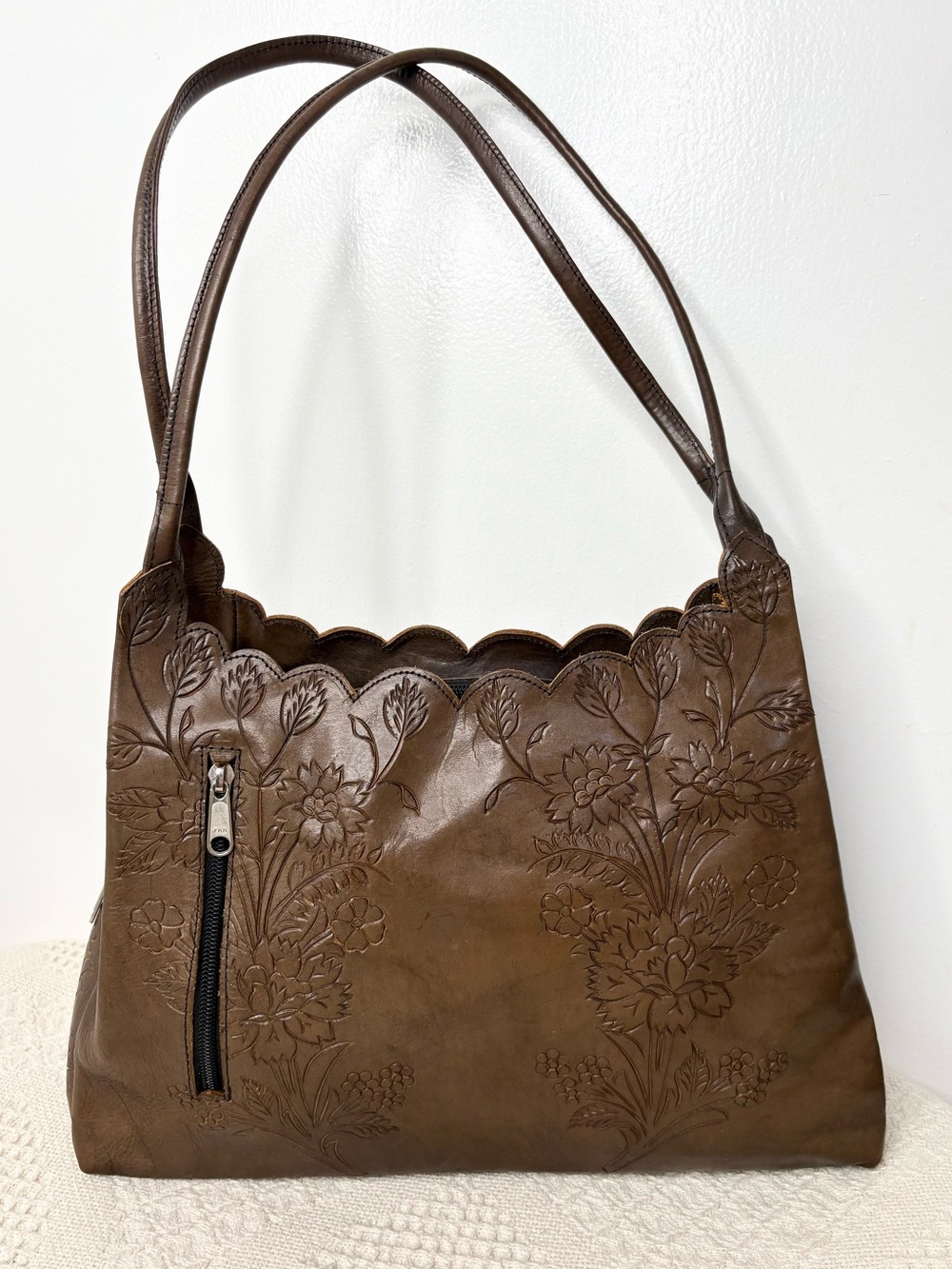 Leaders in Leather Brown Floral Embossed Hobo Shoulder Bag